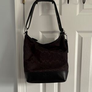 Coach Black Logo Fabric & Leather Shoulder Bag Adjustable Strap Zip Pockets